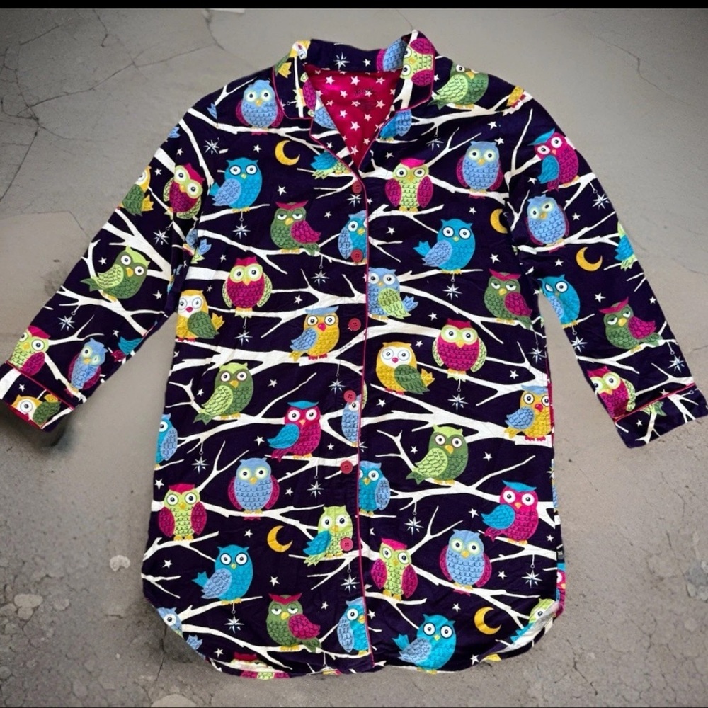 NICK & NORA Gown XX-Large Purple Owl Button Up Cotton Flannel Sleepshirt NEW